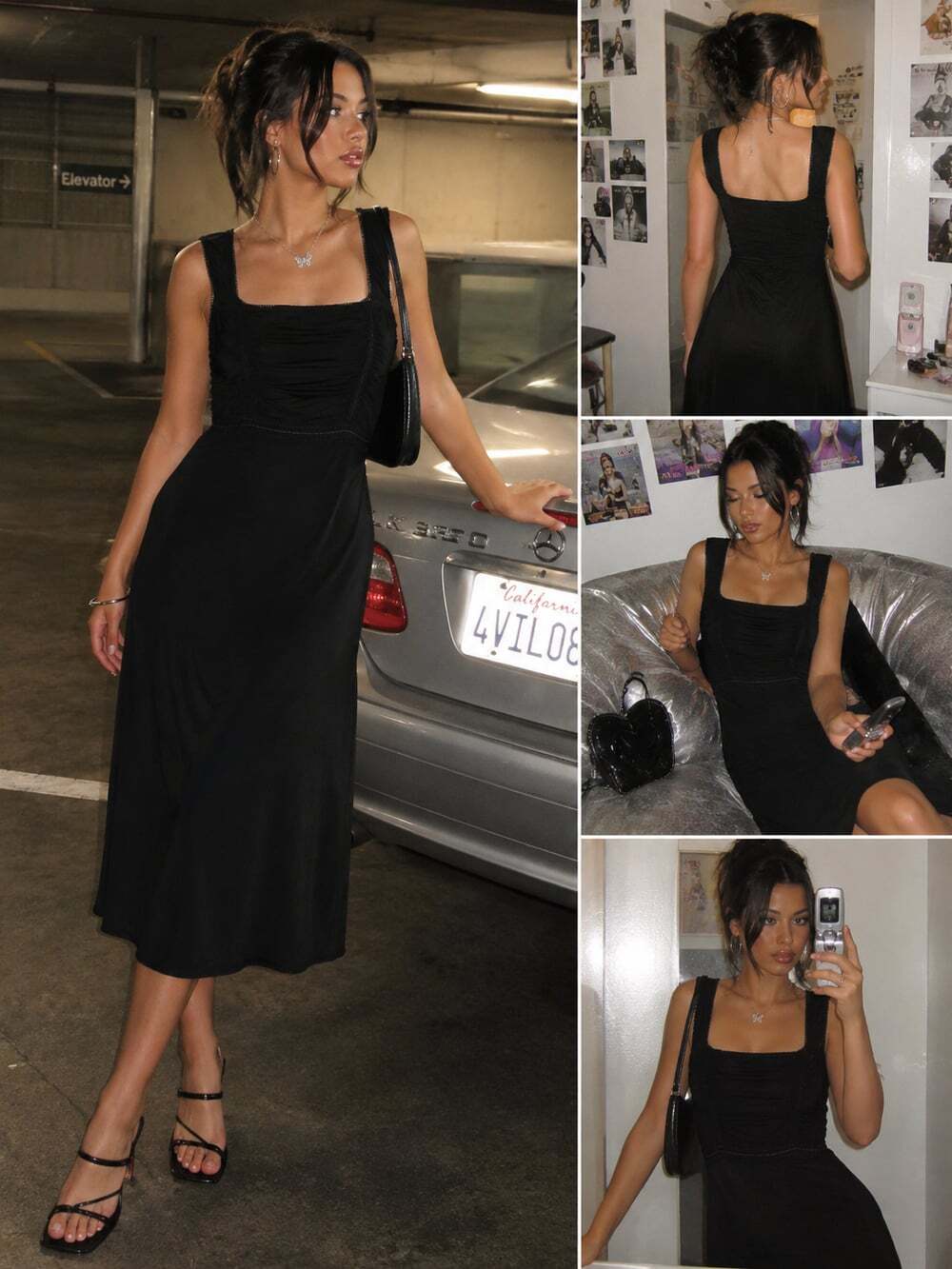 Vintage Max Studio Black Y2K Womens Ruched Black Midi Dress Sz L